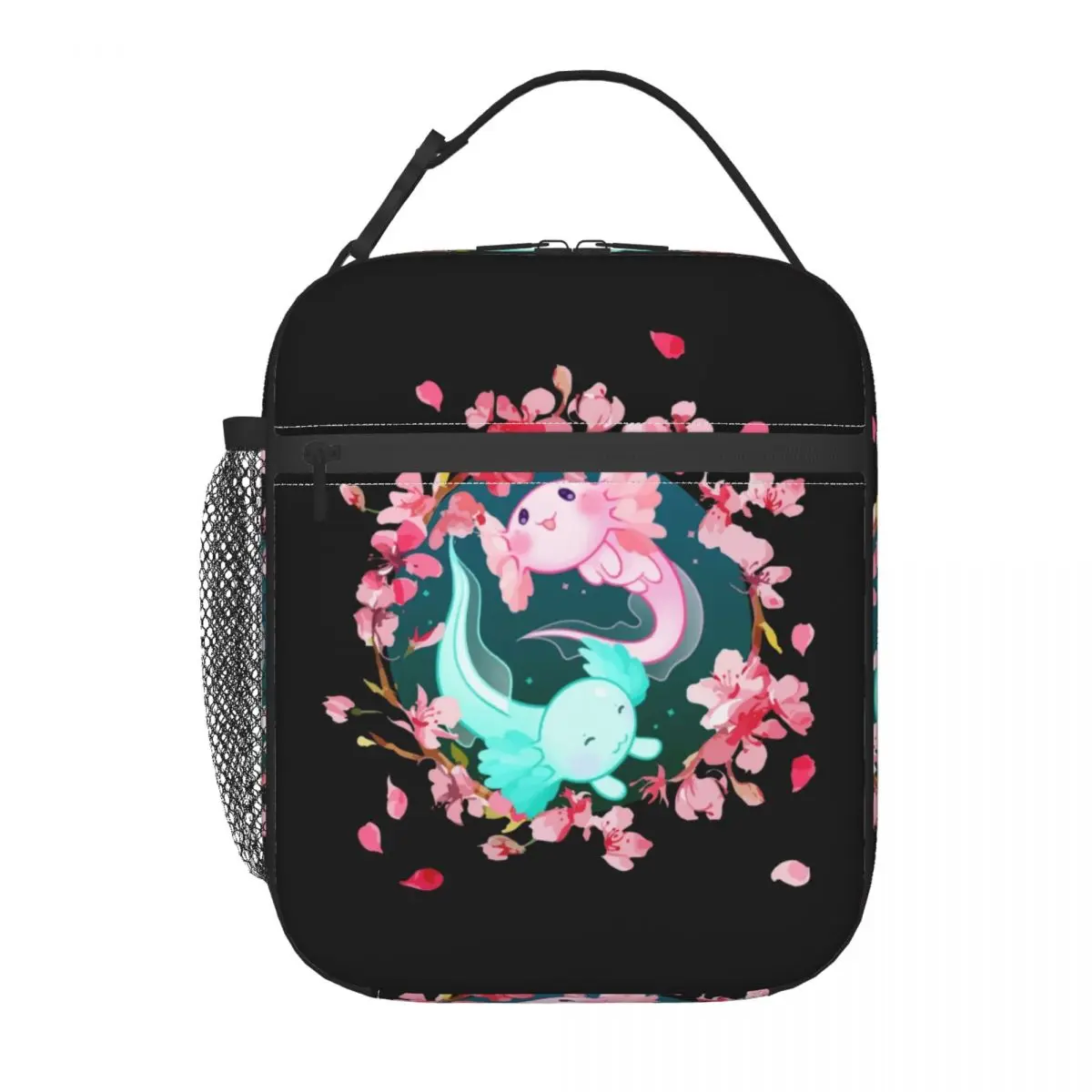 Axolotl Yin Yang Cherry Blossoms Insulated Lunch Bag Portable Salamander Animal Cooler Thermal Bento Box Beach Camping Travel