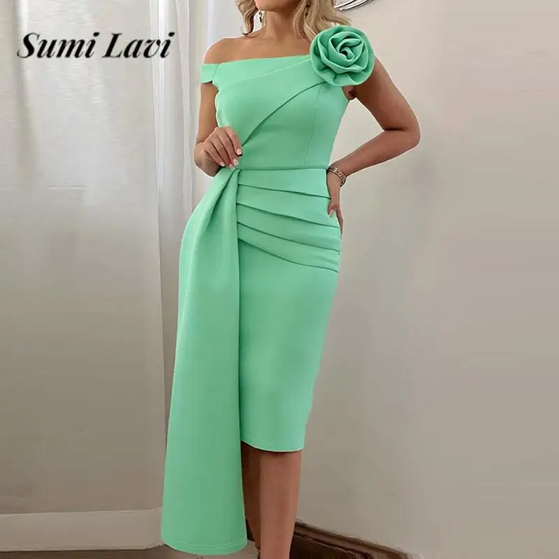 

Summer Asymmetrical Flower Pleated Party Dress Slash Neck Midi Dress For Women Sexy Lady Solid Color Slim Waisted Evening Dress