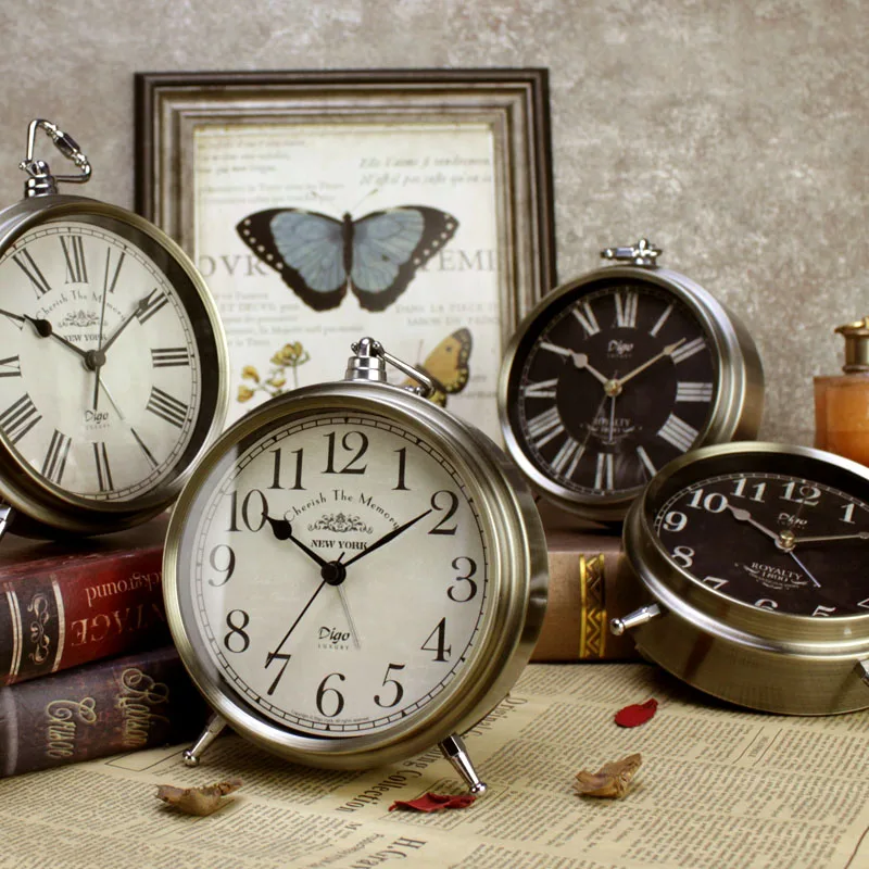 Amerikanischen Runde Wecker Kreative Stille Uhr Retro Europäischen-stil  Schreibtisch Uhr Ornamente Tisch Uhr Für Home Dekoration LD412