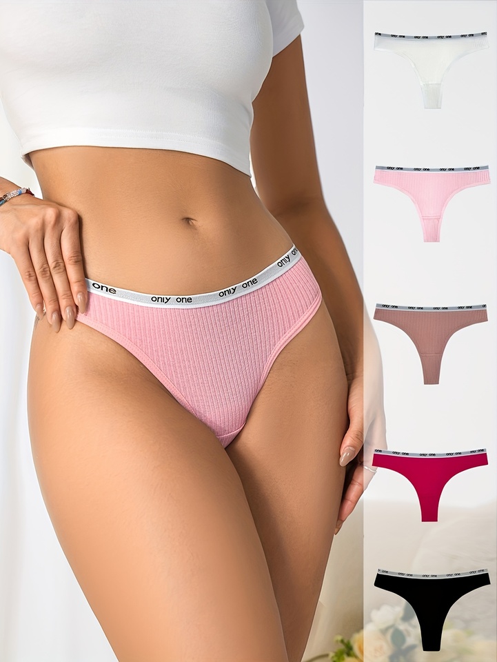 5 pairs of mixed-color fine-edge belt embossed cotton comfortable and fashionable thong underwear for women