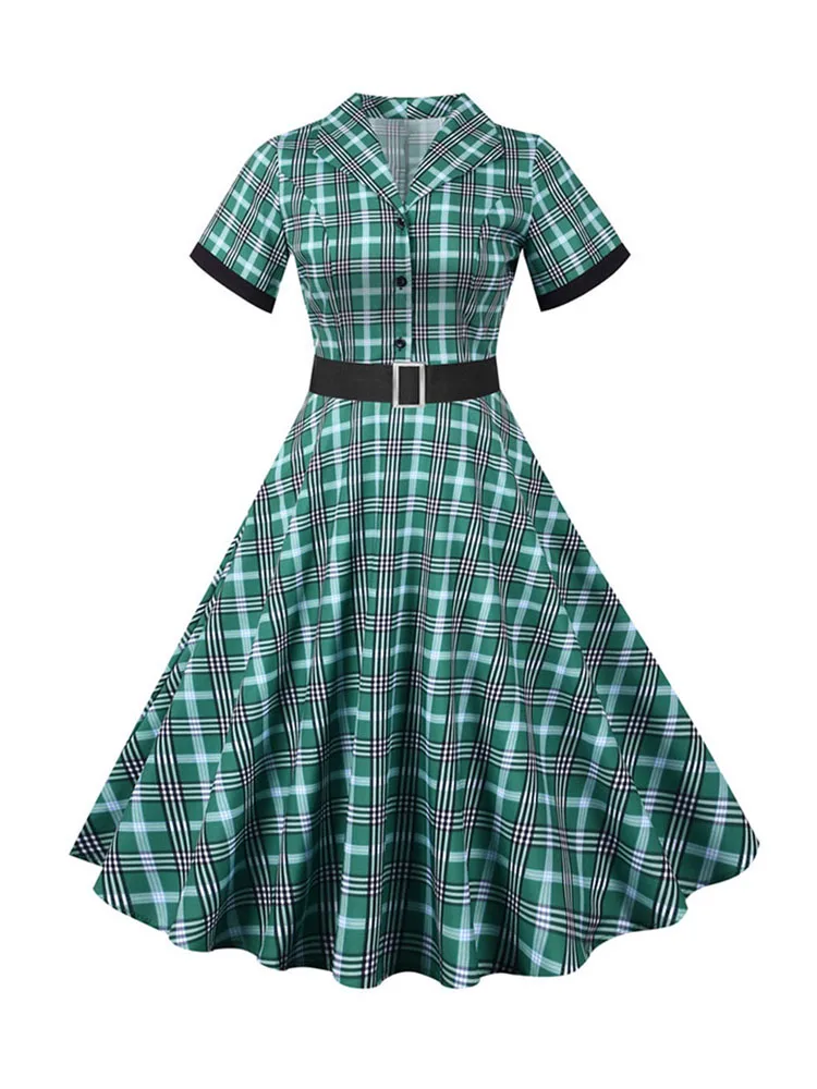 green emerald velvet dress Unique Vintage Green Plaid Belted Cotton Shirt Dress