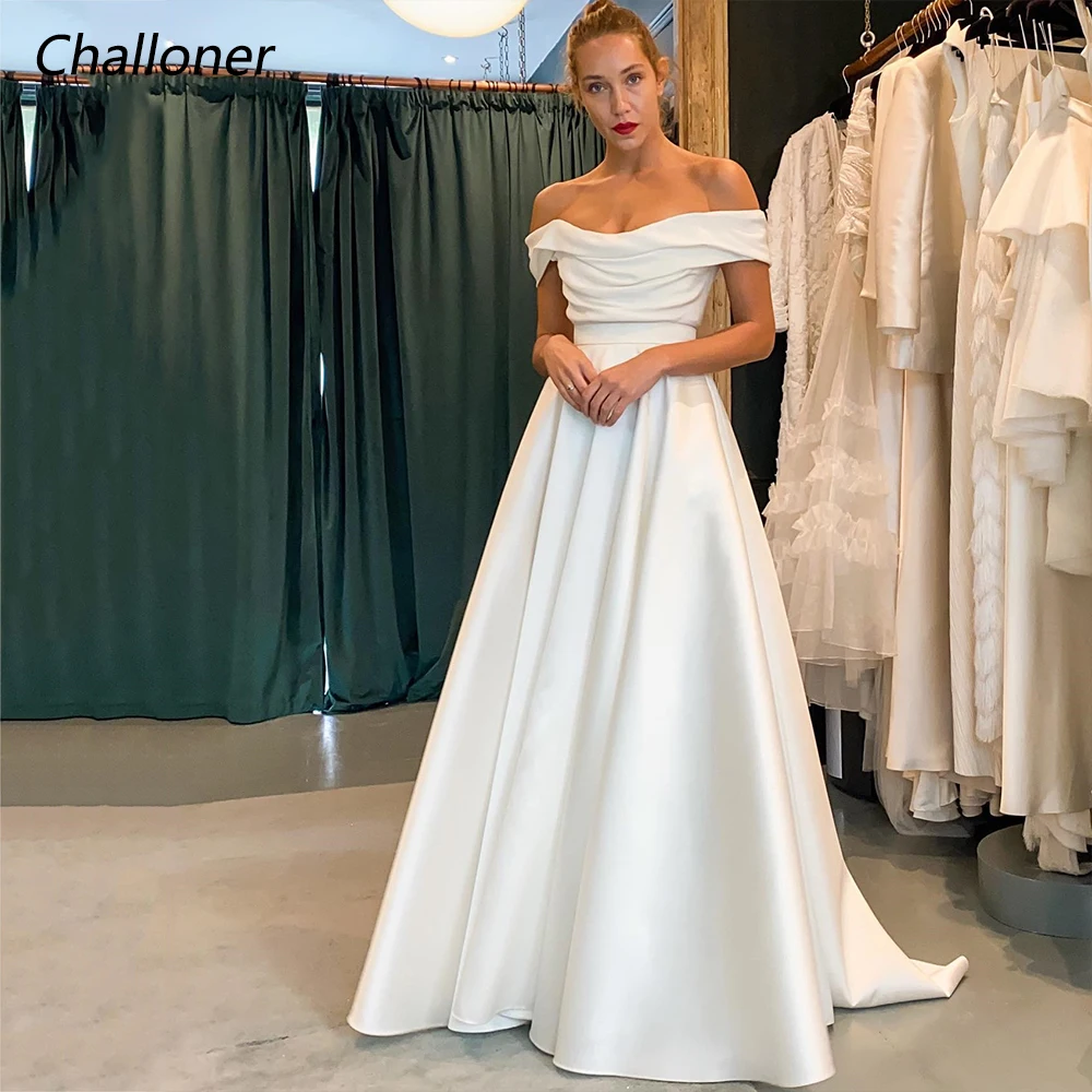 

Challoner Simple Off the Shoulder A-Line Wedding Dress Strapless Backless Satin Bridal Gown Floor Length Vestidos de Novia New