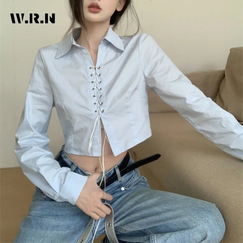 

Hotsweet Style Turn-down Collar Long Sleeve Lace-up Coquette Blouses 2024 Spring Women's Fashion Casual Gyaru Solid Shirts