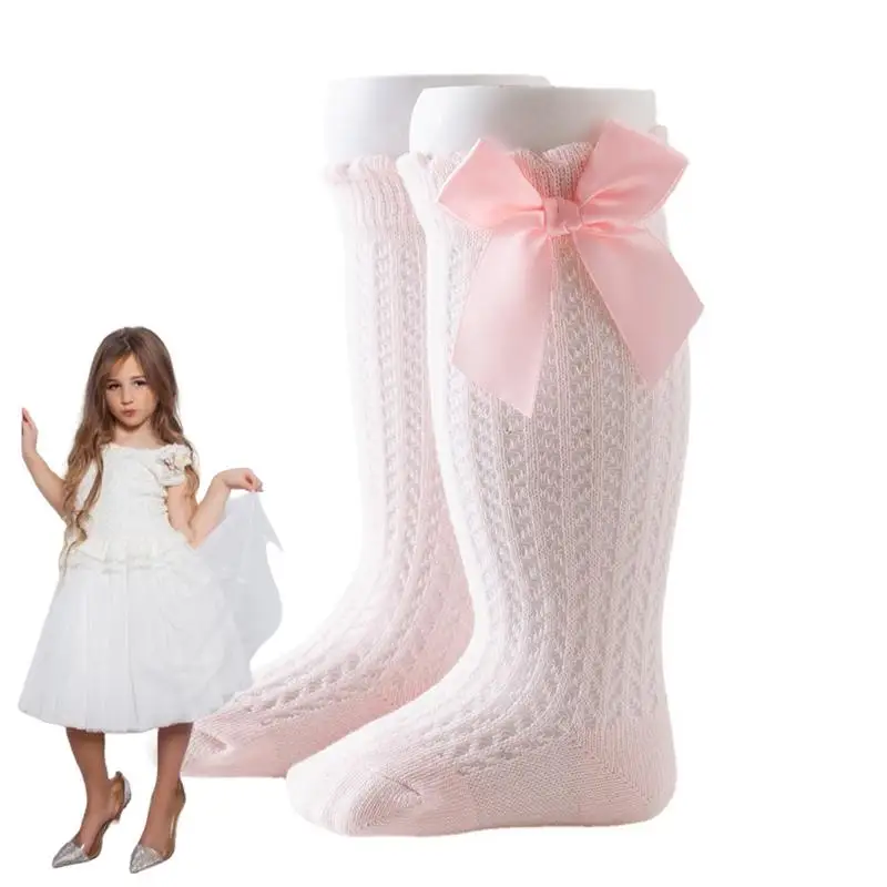 

Детские летние носки, однотонные детские носки до колена, сетчатые Дышащие носки принцессы, детали галстука-бабочки, не потеют для маленьких детей