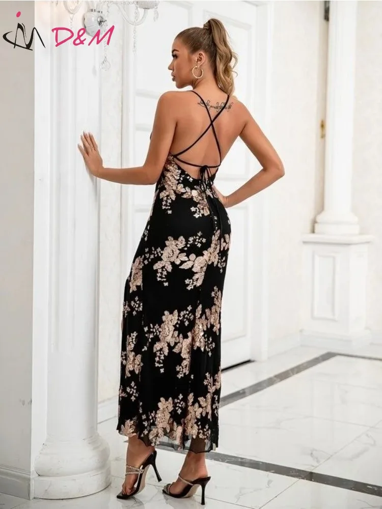 D&M Brand Traf Female Dress Floral Sequin Criss-cross Tie Backless Split Thigh Cami Dress Part Dresses Vestidos Para Mujer