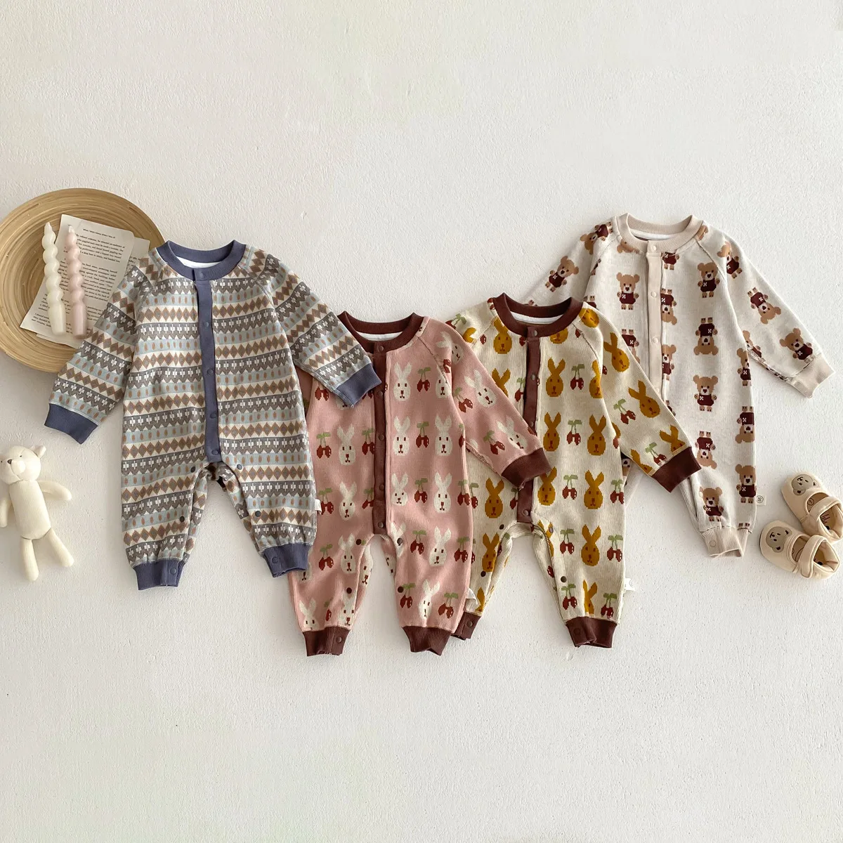 

Newborn Baby Girl Boy Winter Jumpsuit Monogram Knitwear Romper Infant Toddler Onepiece Sweater Bodysuit Baby Clothes 0-18M