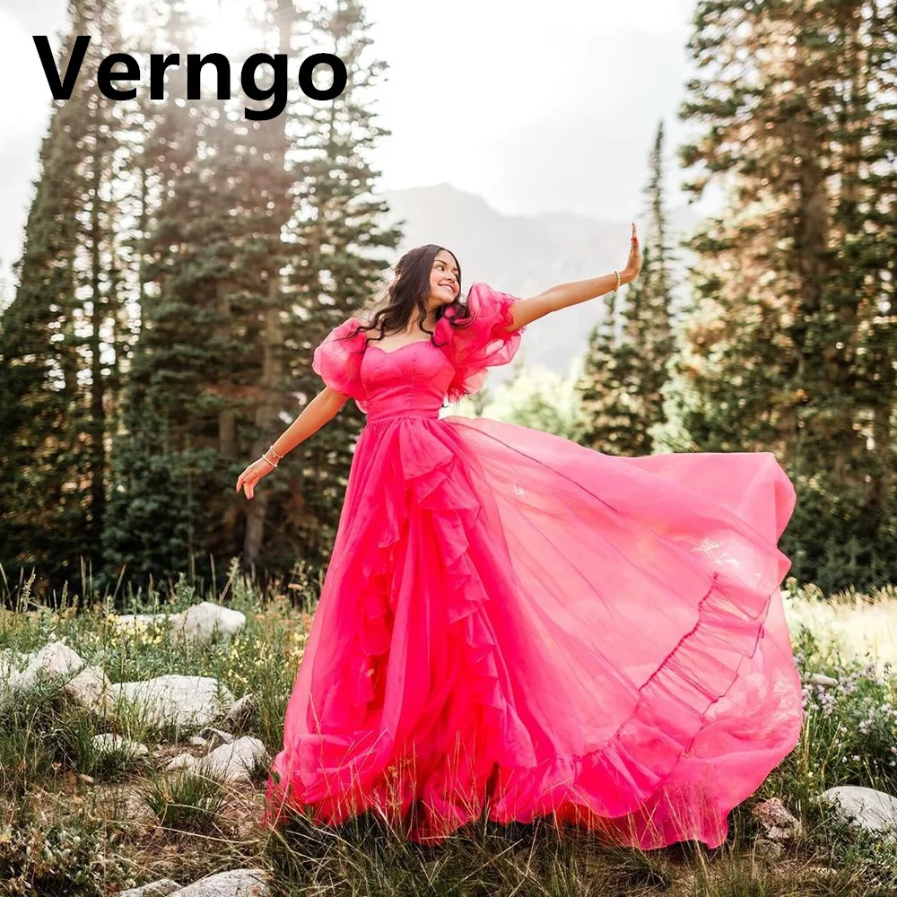 

Verngo Pink Short Puff Sleeves Party Dress Sweetheart A Line Organza Evening Dresses For Women 2024 Formal Occasion Dress