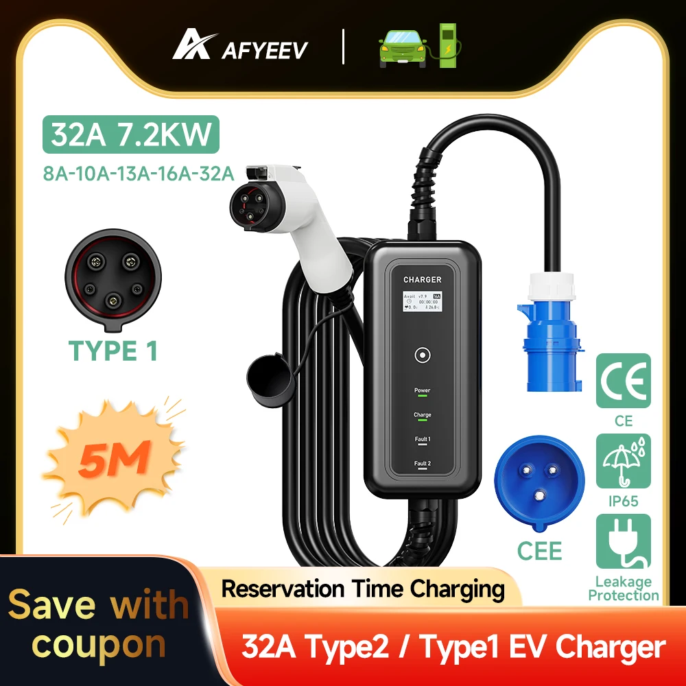 

New Electric Vehicle Charger Type 1/Type 2 32 Amp Fast Portable EVSE, CEE Plug 220V-240V Car Charging Cable, IEC 62196-2,J1772