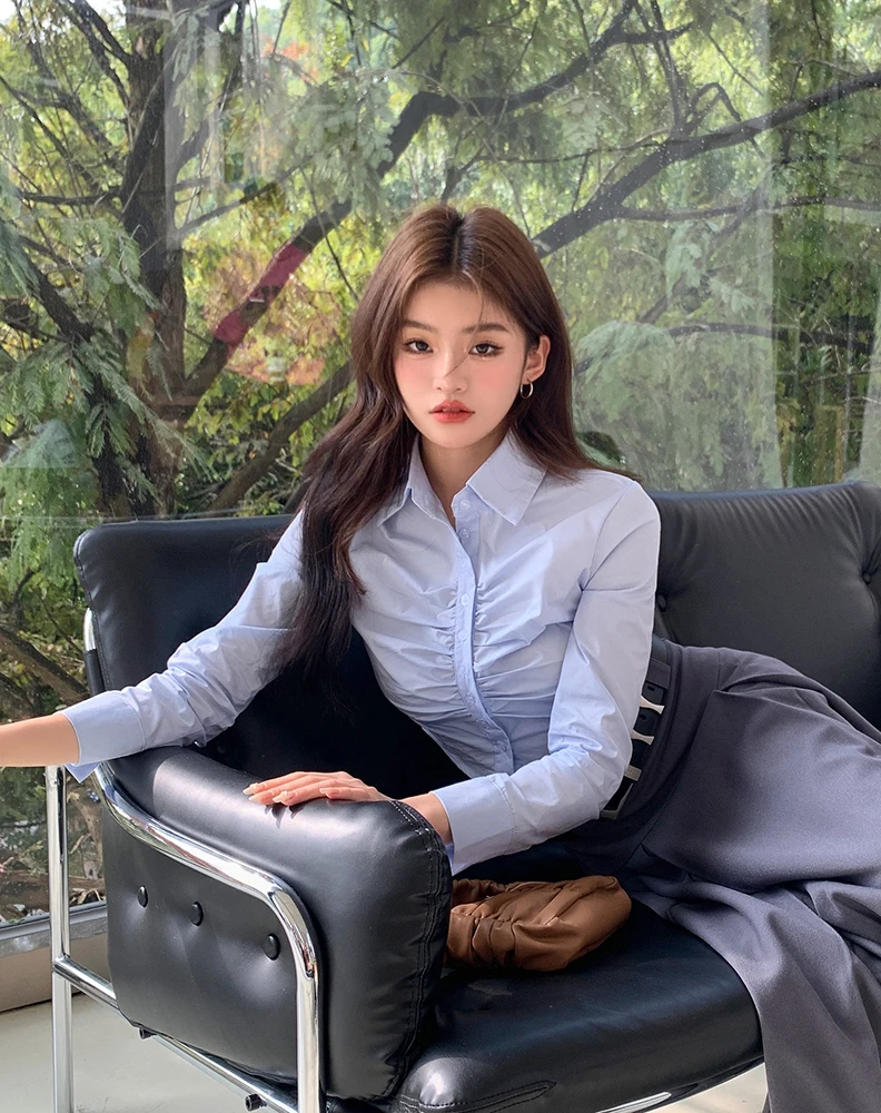 

Shirts for Women 2023 Spring and Summer New Pleated Folds Slim Waist Polo Collar Long-sleeved Single-breasted Short Shirt Top