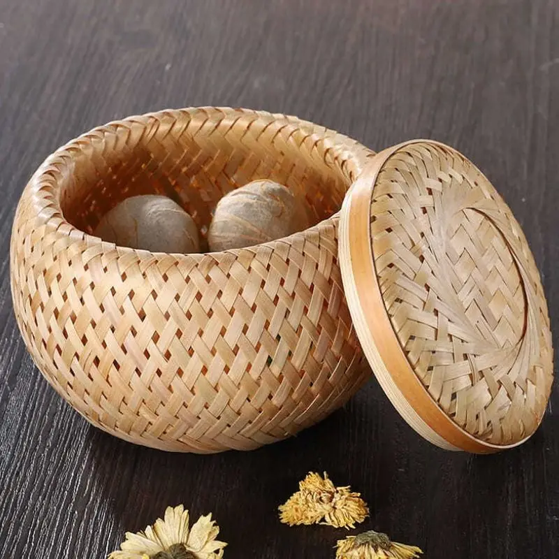 Bamboo Basket Useful Handmade Crafts Woven Double Layer Basket With Cover  Succulent Flower Pot Storage Basket Home Decorations 6