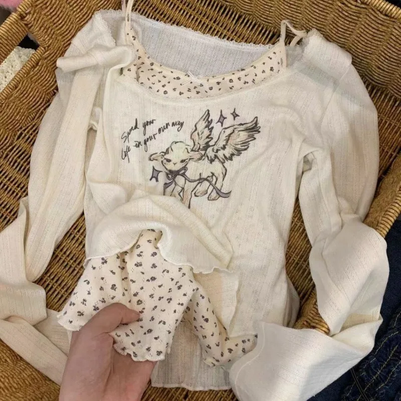 Sweet Korean Y2k Lace Long-sleeved T-shirt Female Fall Outside The Design Sense Printing Slim Thin False Two Pieces of Tops 2