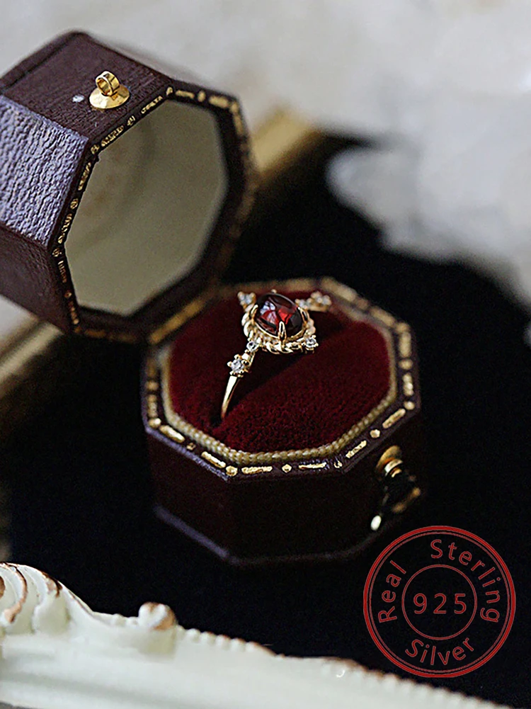 Ring aus 925er-Sterlingsilber, goldener Vintage-Palast, farbiger roter Zirkon, für Damen, Jahrestag, Bankett, luxuriös, hochwertiger edler Schmuck