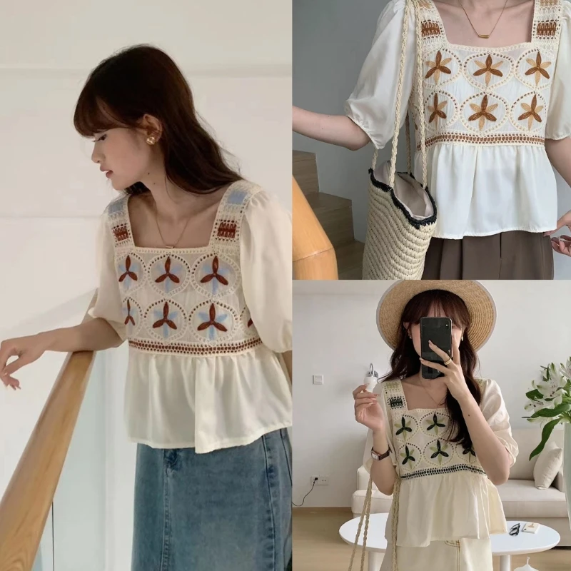 

Square Neck Short Knitted Sweater Chiffon Short Sleeves Patchwork Hollows Shirt