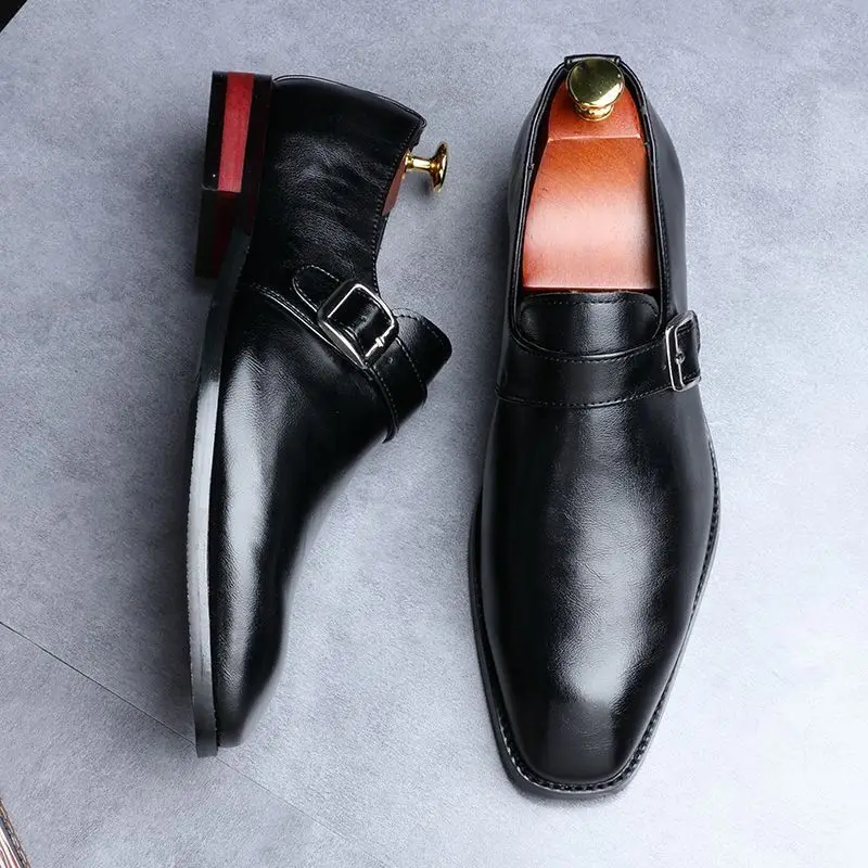 Men's Retro Casual Business Shoes Microfiber Leather Square Toe Slip-on Buckle Dress Office Flats Wedding Party Oxfords