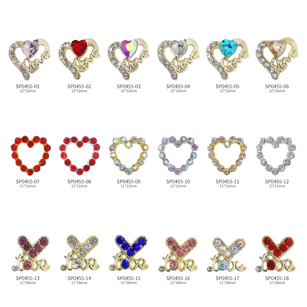 

10Pcs Multicolor Heart Shape Love Hollow Nail Charms Luxury Gemstones Rhinestone Nail Parts DIY Nail Art Decoration Accessories