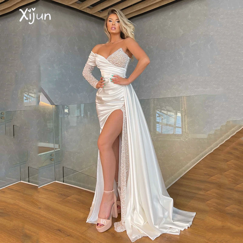 

Xijun Ivory Sweetheart Mermaid Prom Party Dresses Beaded One Shoulder Evening Gowns Side Split Saudi Arabia Party Dress Women