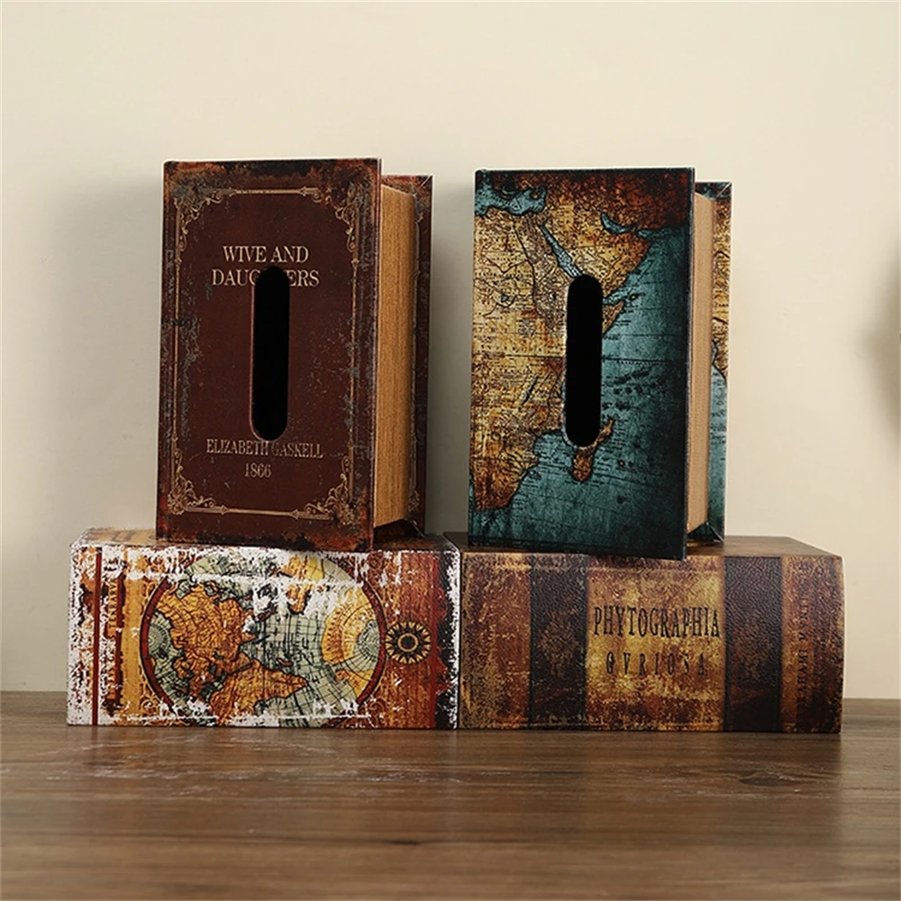 Retro European Simulation Book Tissue Box Wooden Coffee Table Napkin Storage Box Living Room Decoration Leather Tissue Organizer 3