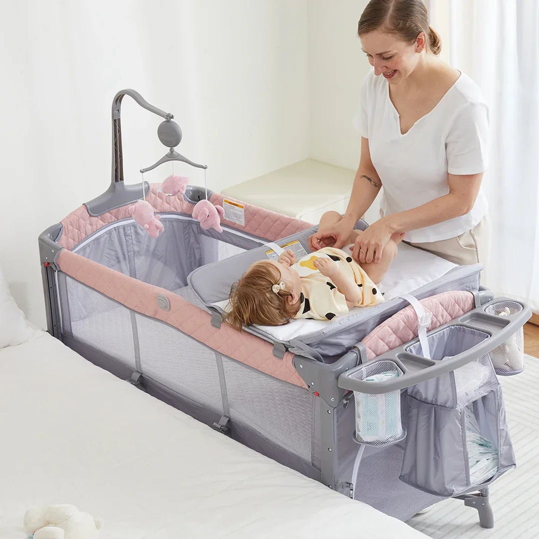 Cheap Hot selling adjustable baby travel folding bed bedside bed crib side with wheels and diaper table for 0-3years