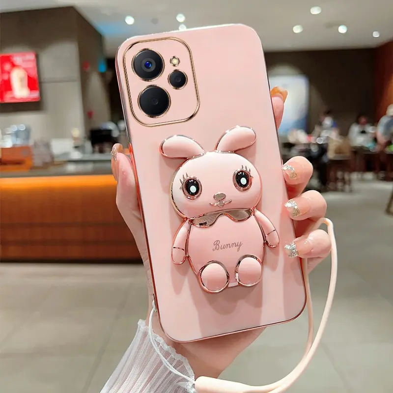 

Phone Case For Oppo Realme 9i 5G Realme 10 5G Luxury Plating Square Rabbit Holder With Landyard Case Cover