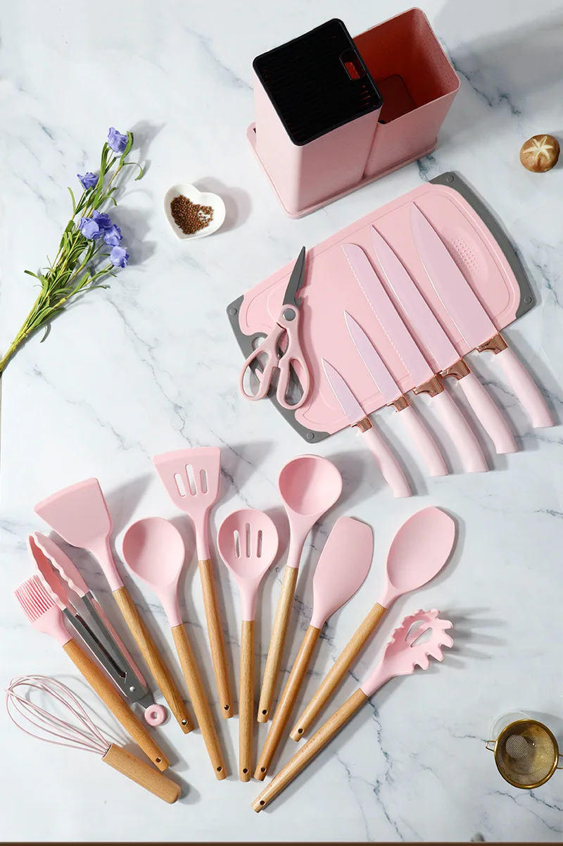 Ensemble d'Ustensiles de Cuisine en Silicone avec Manche en Bois