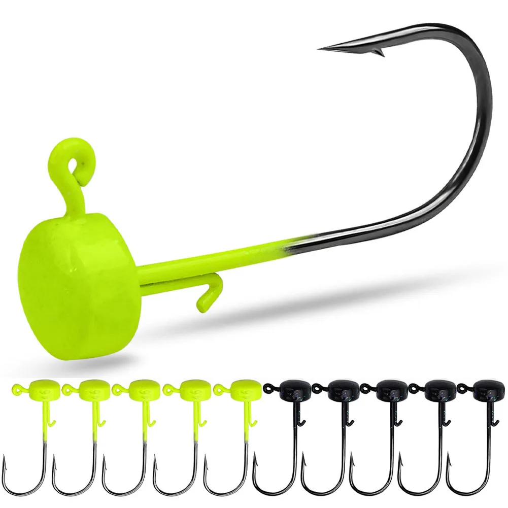 Ned Rig Jig Head Hook 10Pcs 3 Size Chartreuse Mushroom Jig Hooks Per Esche Morbide Finesse Shroom Jig Heads Fishing Ned Hooks