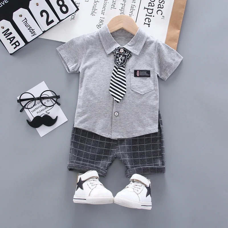 New Summer Children Fashion Tracksuits Baby Boys Girls Shirt Shorts 2Pcs/Sets Kids Gentleman Cotton Clothes Infant Sportswear