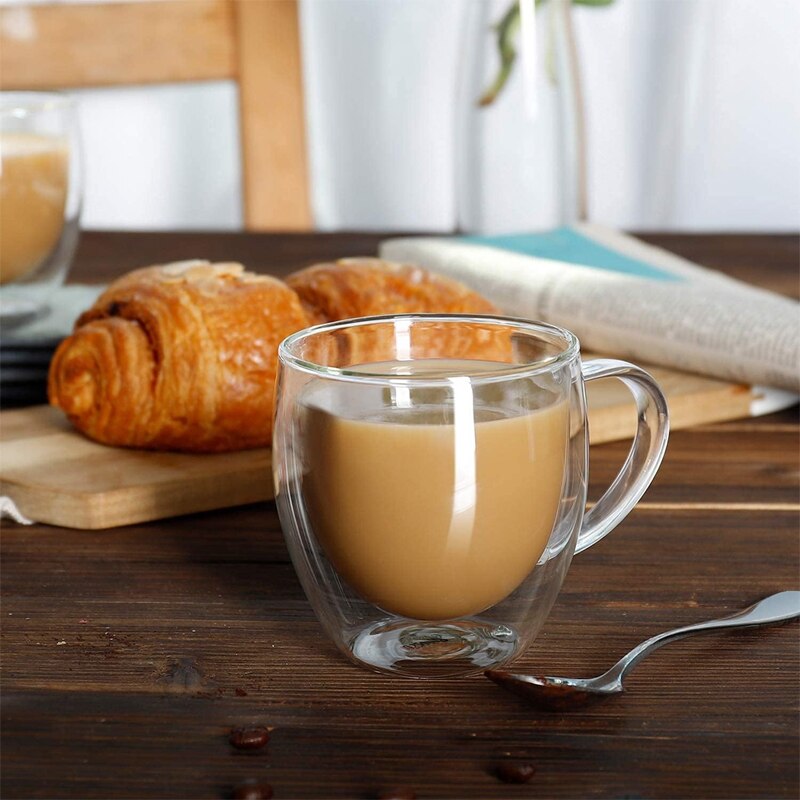 250ml Double-layer Transparent Glass Coffee Cup with Handle Double-layer Heat Insulation High Temperature Juice Milk Cup