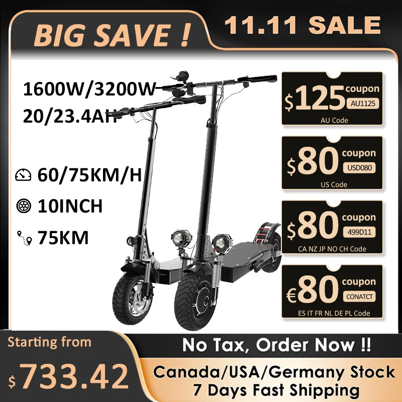 1600W/3200W Adults Electric Scooter 10" Tires 60-75 km/h 80km Range Folding and Portable electric scooter