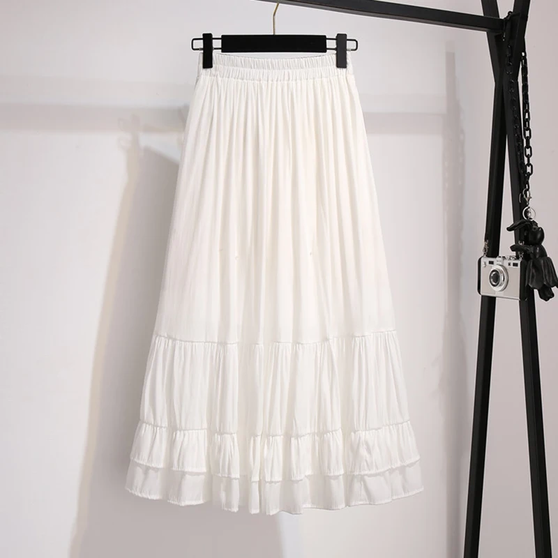 plaid skirt Summer New Ruffles midi Skirt Female Solid Elastic High Waist Korean Fashion Pleated Skirt Casual Black White Skirts Womens 2021 silk skirt Skirts