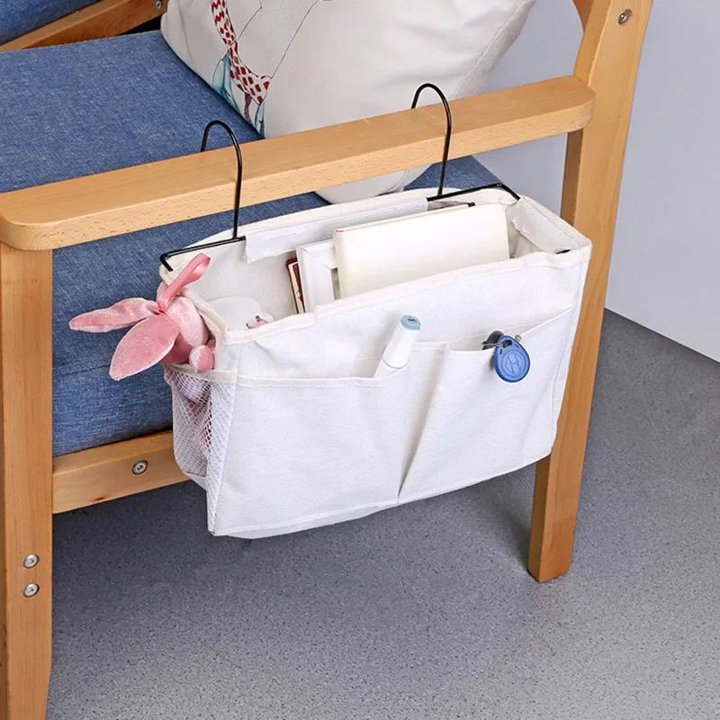 Bedhead hanging basket Cotton and linen fabric Bedside sofa hanging storage bag Bedside shelf Dormitory and apartment storage 5