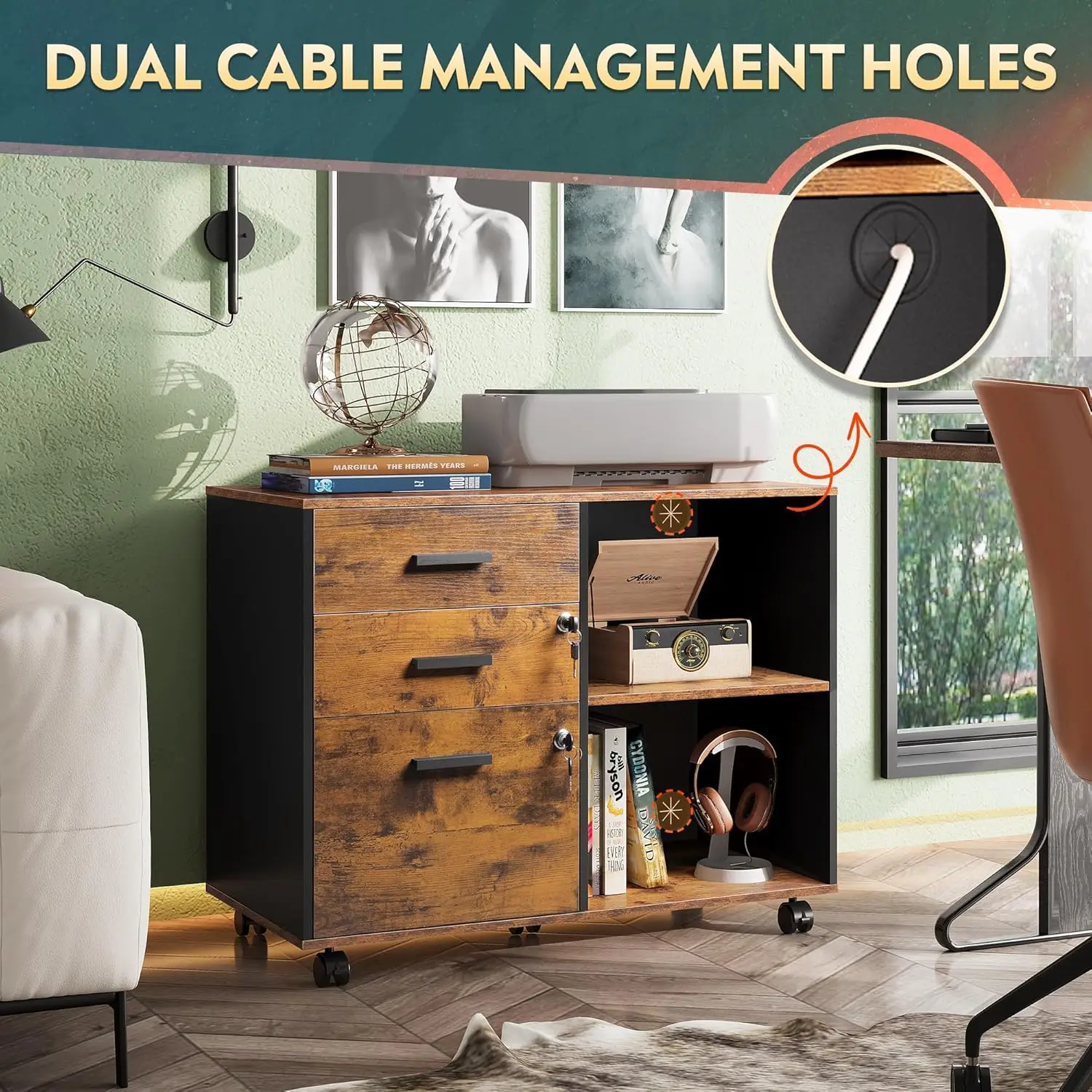 3-Drawer Wood File Cabinet with Lock, Mobile Lateral Filing Cabinet, Printer Stand with Open Storage Shelves