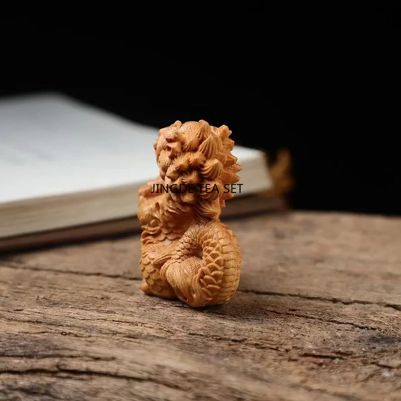 Natural wooden small dragon statue hand carved solid wood cute home mini feng shui decoration