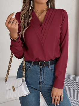 Spring Summer Solid Color Triple V Neck Long Sleeve Chiffon Shirt Red White Khaki Women Tops 2025 Casual
