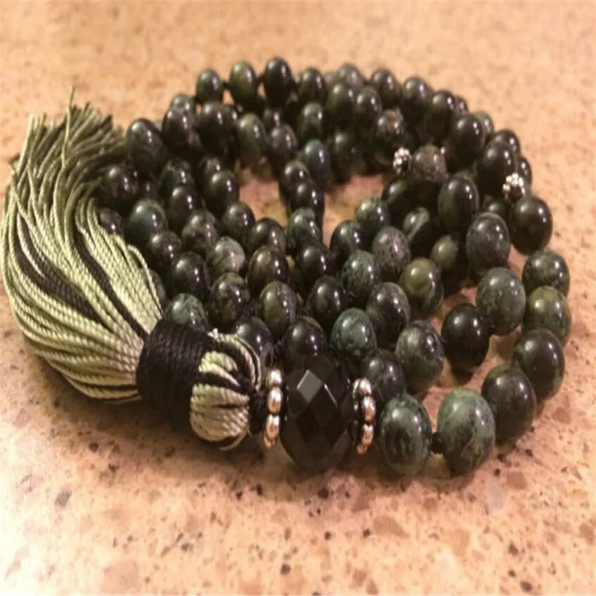 8mm Flower green Jasper beads 108 Bead Gemstone Mala necklace Gemstone Religious Bohemian Spiritual Seekers
