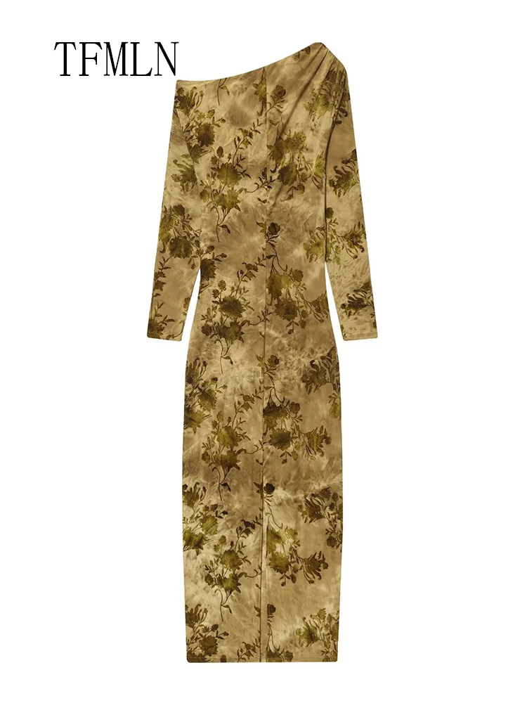 Elegant Women Asymmetrical Slim Dresses 2025 Autumn Fashion Causal Long Sleeve Pleated Party Dress Chic Sexy Printed Party Dress