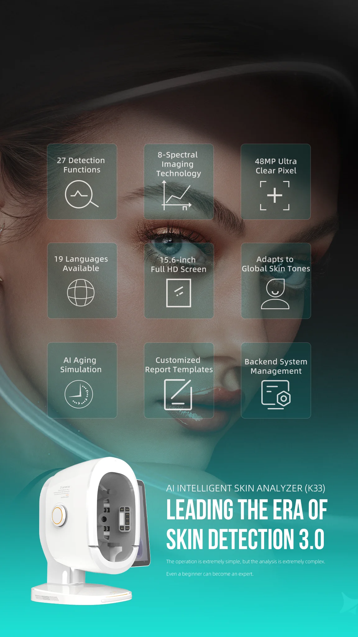 AI 휴대용 피부 분석기 3D 얼굴 피부 분석 기기 8 스펙트럼 이미징 전문 피부 테스터 (뷰티 살롱용)
