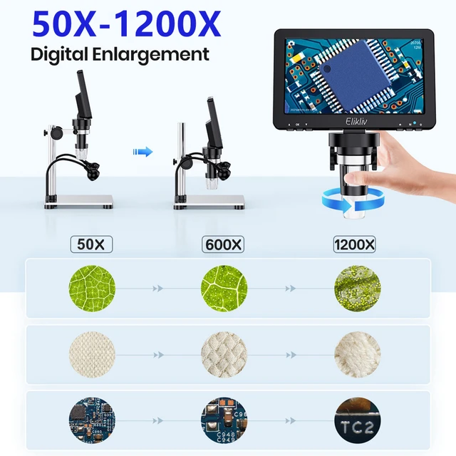 RIEVBCAU 7'' Coin Microscope DM9-H 1200X Digital Microscopes 16MP HD Scope  Soldering Repair Tool Coin Magnifier with 8.5inch Sta