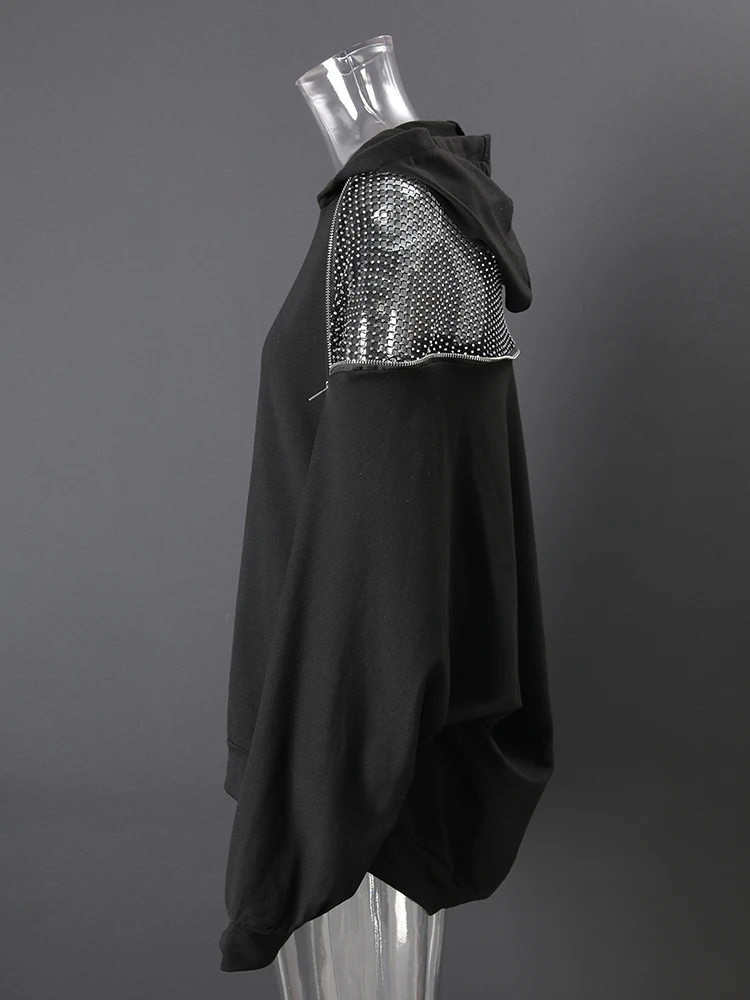 [EAM] Black Grid Hollow Out Big Size Casual Sweatshirt New Hooded Long Sleeve Women Fashion Tide Spring Autumn 2026 CPG6782