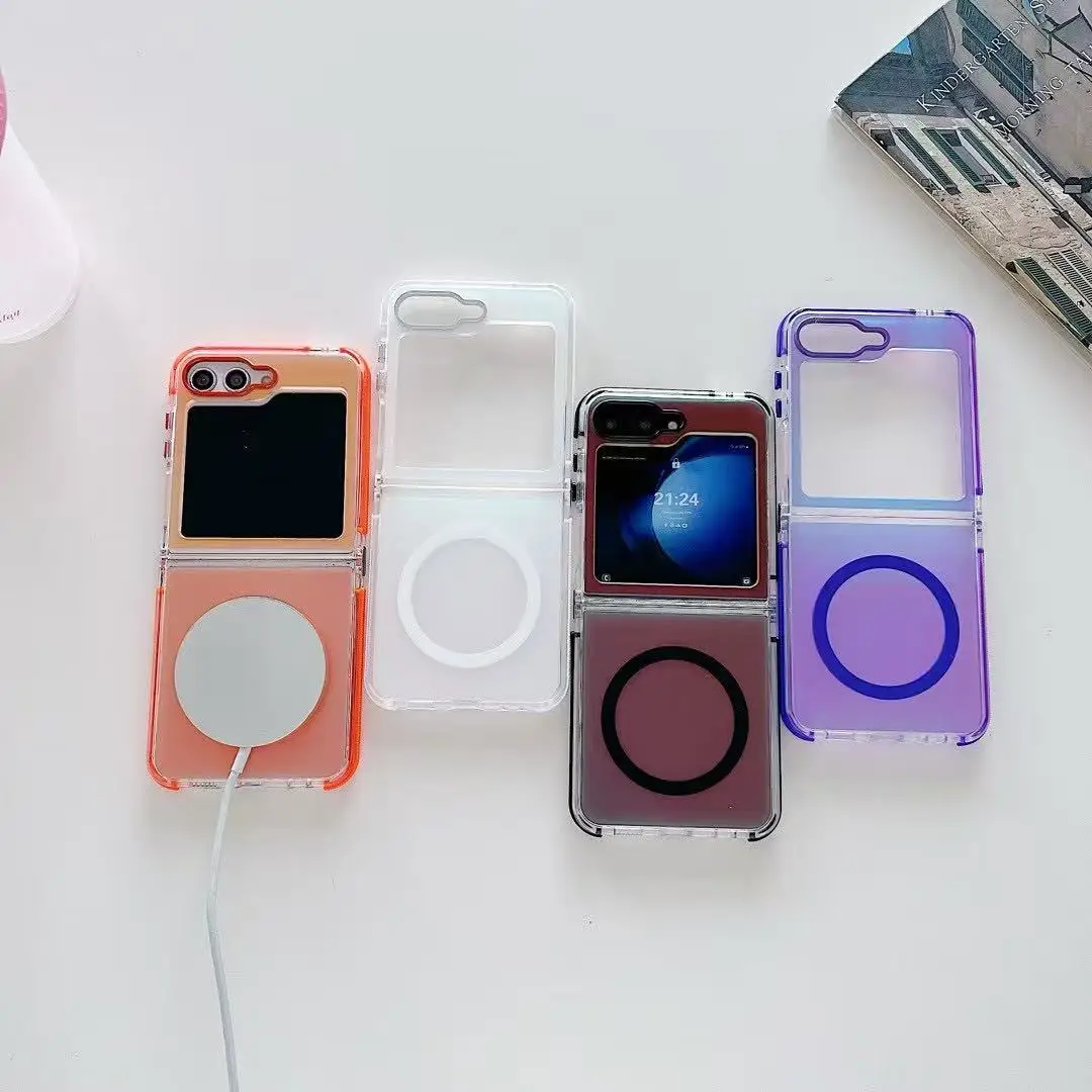 Luxury Color-Changing Acrylic Shockproof Magnetic Wireless Charging Phone Case with Folding Hollow Design