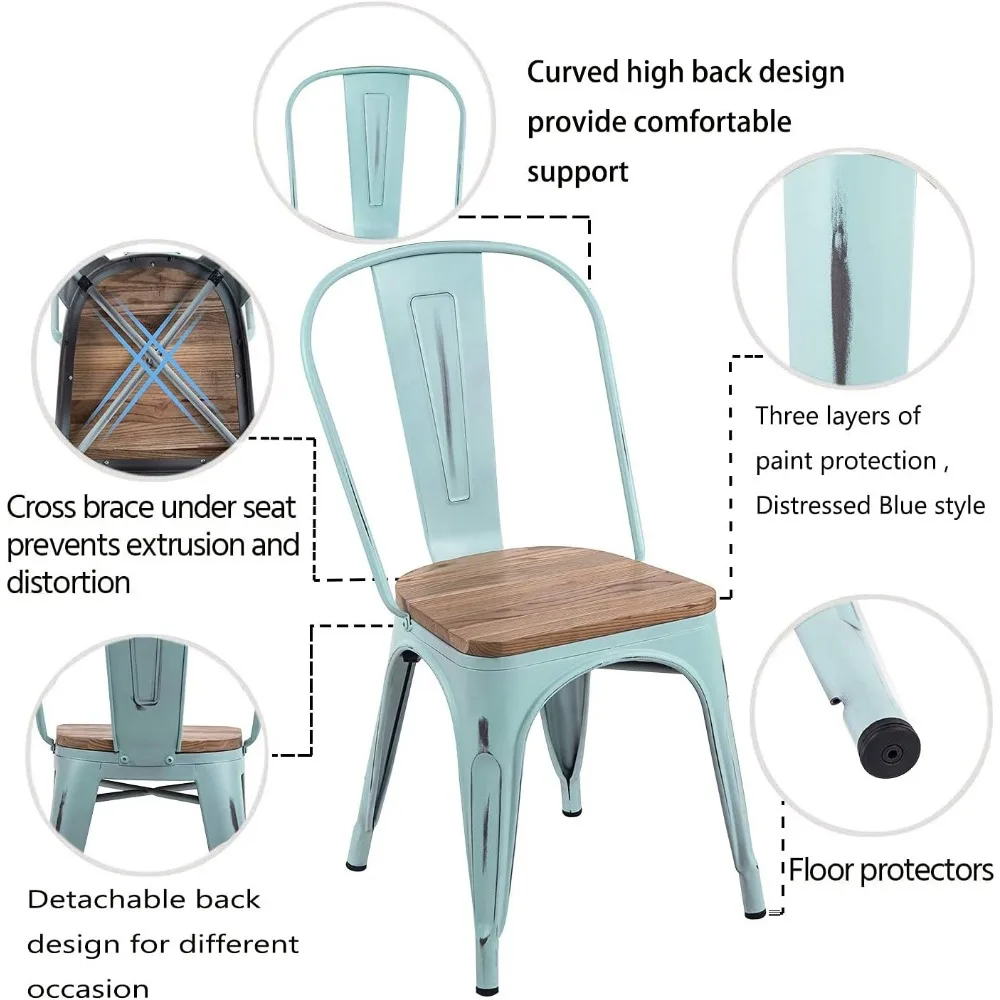 Metal Chairs with Wooden Seat Modern Industrial Distressed Indoor Outdoor Metal Kitchen Dining Room Chairs Set of 4