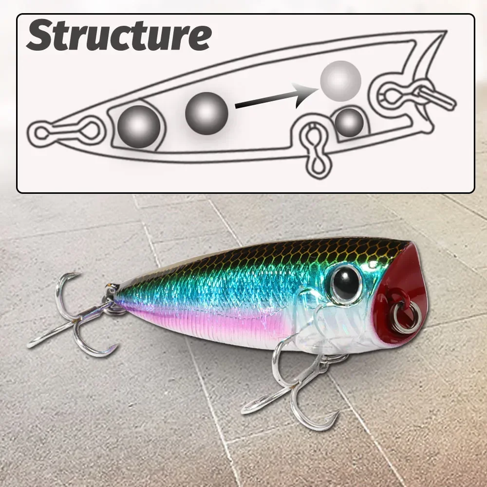Top Water Popper 8g 6.5cm Lure Steel Ball Copper Ballast Balance Pesca Wobbler Floating Minnow Hook Tackle Rattle Cranbait Bait - 3