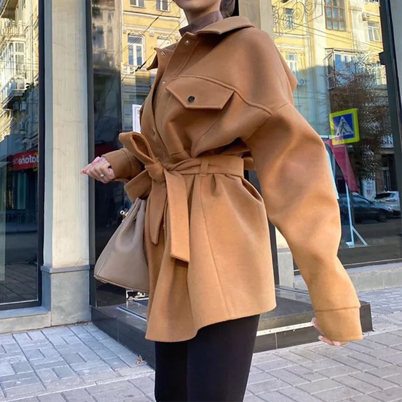 2023 Women Fashion Long Sleeve Woolen Jacket Coat with Belt VintageLoose Lapel  Side Pockets Female Chic Outerwear Overcoat Warm
