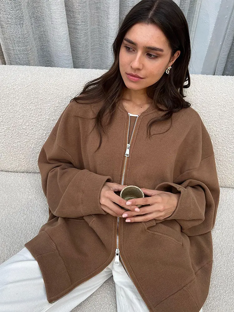 

O-neck Long Sleeved Solid Double Head Zippered Sweater Jacket Fashion Casual Women's Loose Overcoat 2023 Chic Autumn/Winter Coat