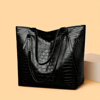 Grande ed elegante borsa tote in PU con stampa coccodrillo nero per donna, elegante borsa a tracolla, perfetta per lo shopping, le date, le feste 1