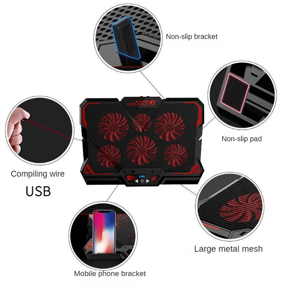 쿨콜드 노트북 쿨러, 6 팬 노트북 쿨링 패드, 2 USB 포트, LED 스크린, 14-17 인치 게임용 노트북 쿨러 스탠드, 2600RPM