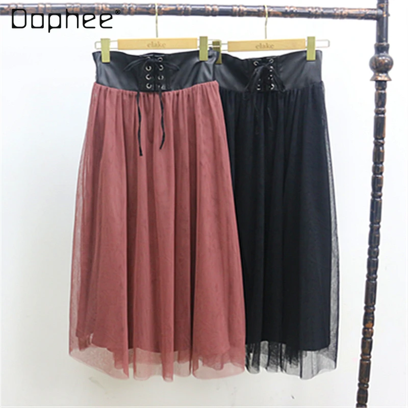 

Japanese Style Cute Women's High Waist Skirt with Straps Elegant Sweet Slimming A- Line Stitching Midi Organza Mid-length Skirts