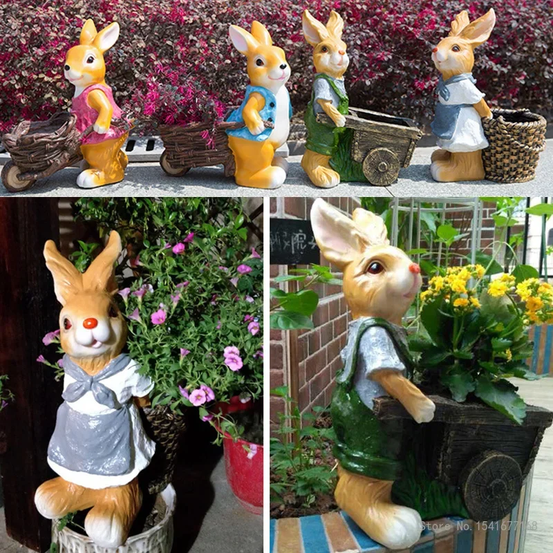Resin Cartoon Rabbit Cart Flower Pot Decoration, Outdoor Lawn Sculpture, Creative Simulation Craft, New Garden Decoration, 1Pc