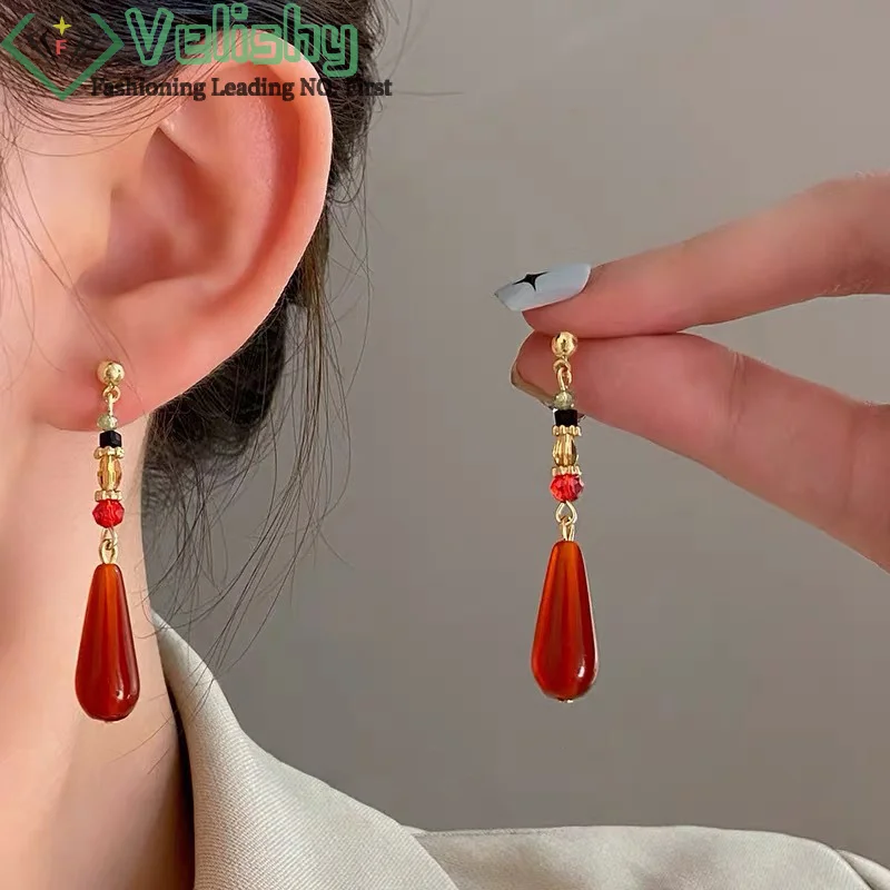 Этнические серьги Hanfu в китайском стиле, модные красные капли воды, подвеска, клипса для ушей, пряжка, длинные классические ретро серьги, ювелирные изделия в подарок