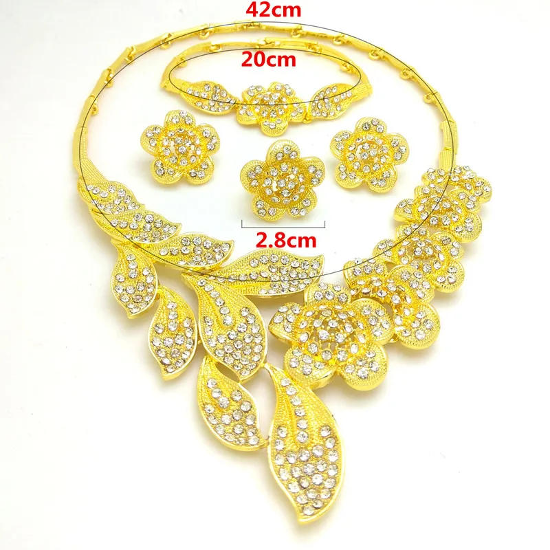 Elegant Spring Gift New Copper Gold Plated Big Fashion Jewelry Set Dubai Necklace Bracelet Earring Ring Jewelry Sets Kingdom Ma
