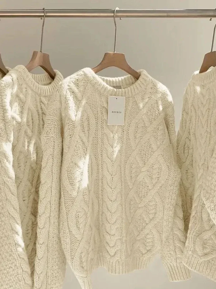 Japanese Retro Korean Off White Fried Dough Twists Sweater Women Thickened Outer Loose Lazy Style Thin Wool Knitting Top Female 1